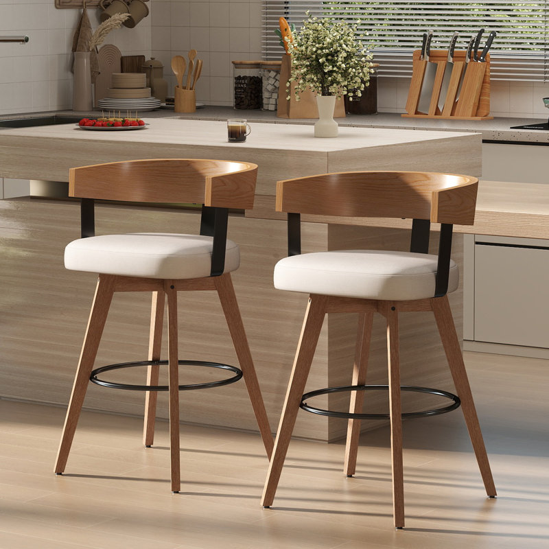 Saula 34.75'' H Swivel Bucket Bar Stool with Solid Wood Frame , White, 2