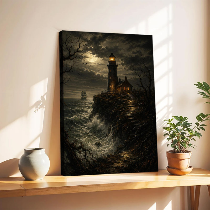 Phare de falaise illuminé la nuit, vagues déchaînées, vaisseau fantôme et pleine lune, toile murale sombre, 20 x 24 po