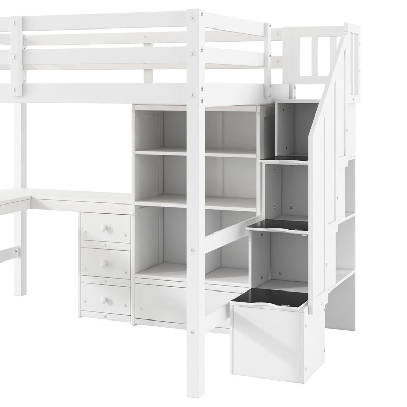 Lit mezzanine double avec bureau en forme de L, tiroirs, armoire et escalier de rangement élégant au design charmant et peu encombrant
