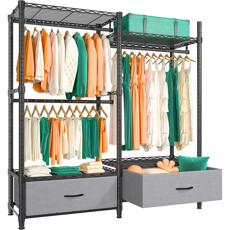 Black Adjustable Heavy Duty Clothing Rack with Gray Drawers