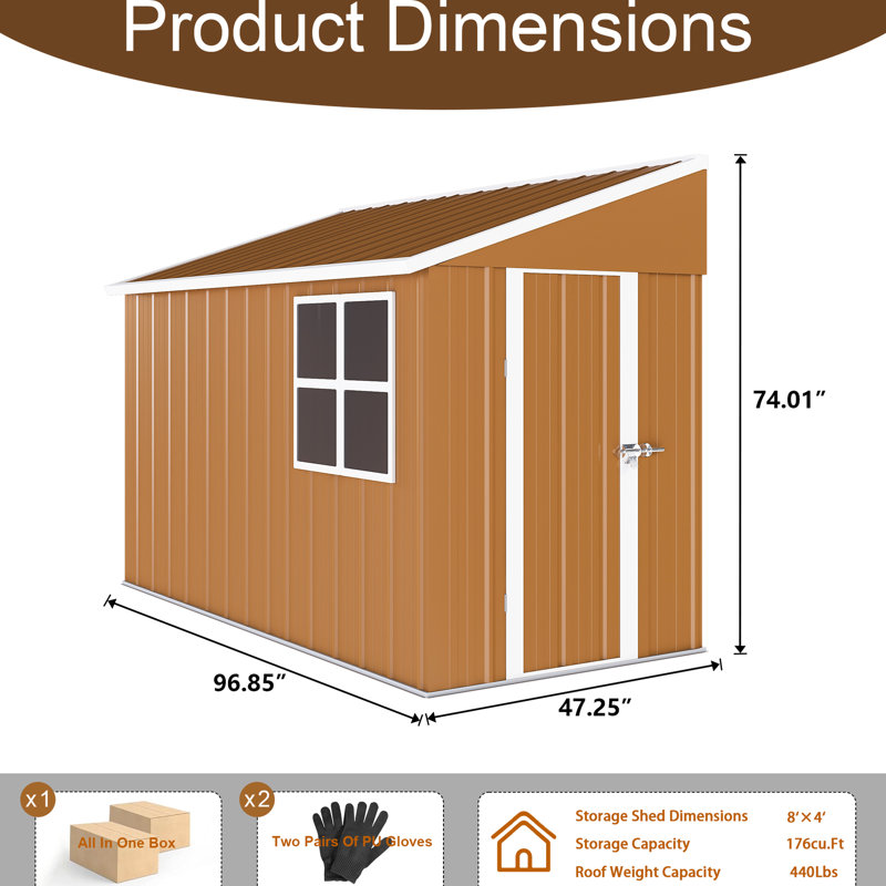 Remise en métal de 8 pi x 4 pi avec portes doubles, fenêtres et ventilation pour l'organisation des outils extérieurs. Cadre stabilisé - Revêtement durable, utilisation à long terme