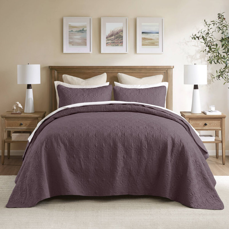 Ensemble de couvre-lit réversible Québec, Couvre-lit de très grande taille et 2 taies déco, Mauve