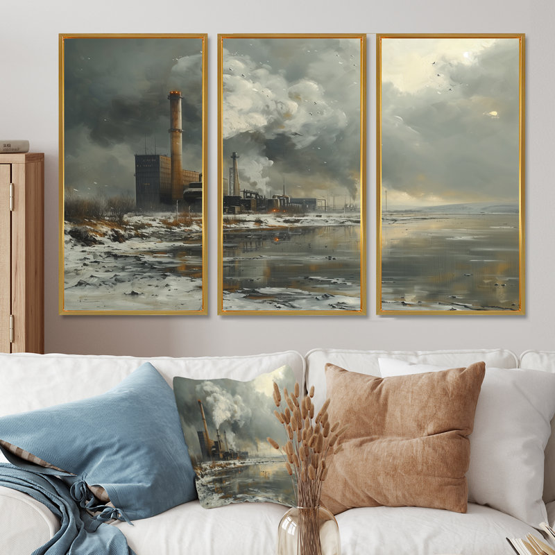 Ensemble de salon mural monochromes gris d'hiver, Toile avec cadre flottant or, H 28 po x l 36 po x P 1 po