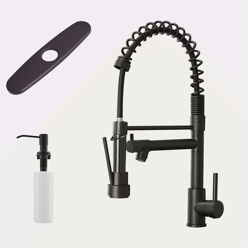 Kitchen Sink Faucet With Soap Dispenser, Kitchen Faucet With Pull Down Sprayer 2 Modes 304 Stainless Steel Single Handle Single Hole Pull Down Black Faucet