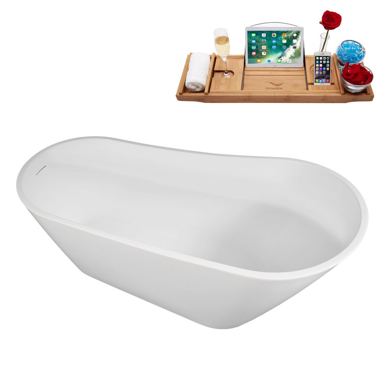 60" Streamline Soaking Freestanding Tub and Tray With Internal Drain, Brushed Brass