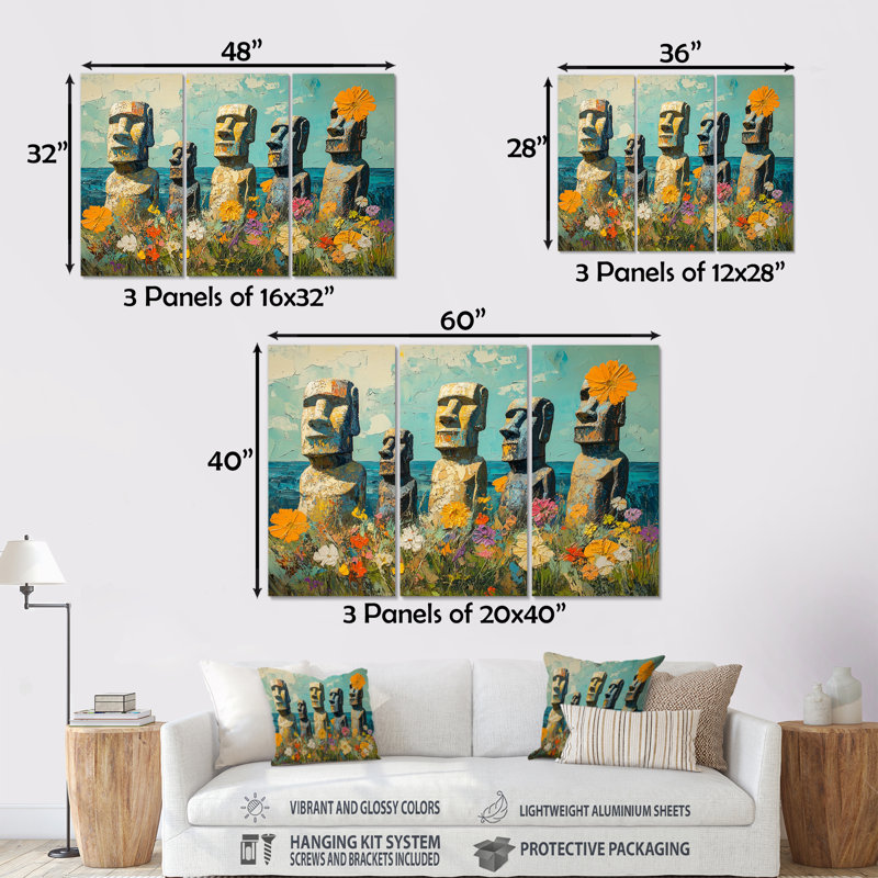 «Green Island of Enchantment Statues In Chili», ensemble d'art mural île de Pâques, Métal métal, H 28 po x l 36 po x P 1 po