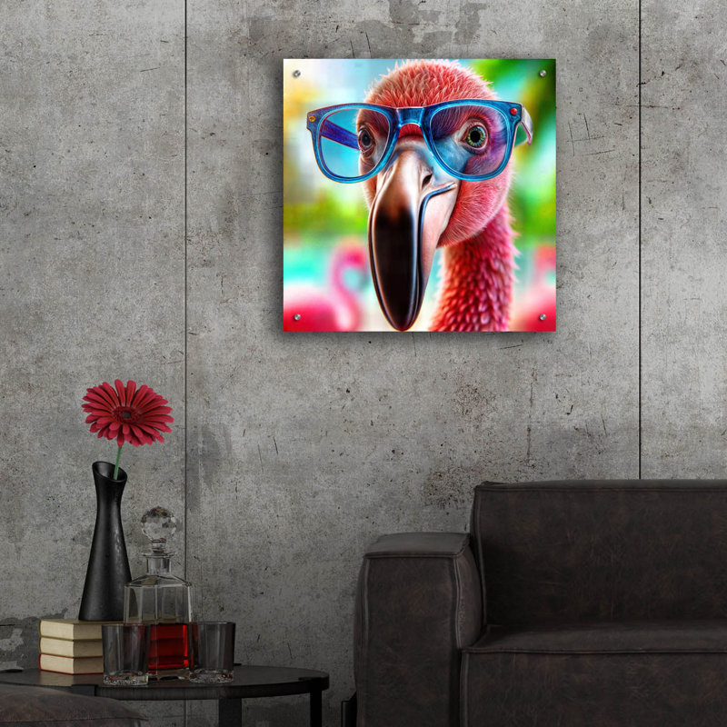  Art mural en verre «Flamingo Sun lunettes» par Rey Klimt, 24 po x 24 po
