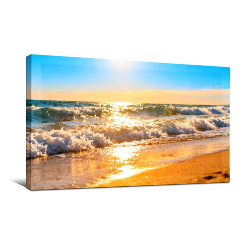 Nautique et plage, coucher de soleil, océan, vagues, plage, lumière dorée, horizon, ciel, H 16 po x l 32 po