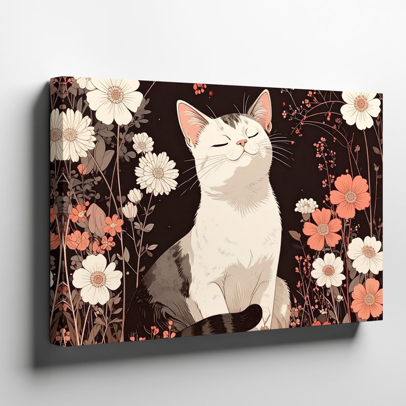 Illustration murale stylisée d'un chat blanc avec des yeux fermés et une expression de contenu calme, prête à être accrochée