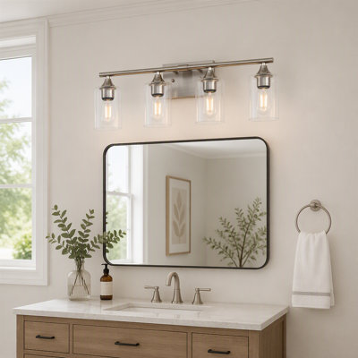 23.4 Inch Brushed Nickel Silver 4‑Light Bathroom Wall Sconce, Easy‑to‑Clean Metal Lamp with Clear Glass Shade for Bathroom & Kitchen Sink, Bulb Not Included