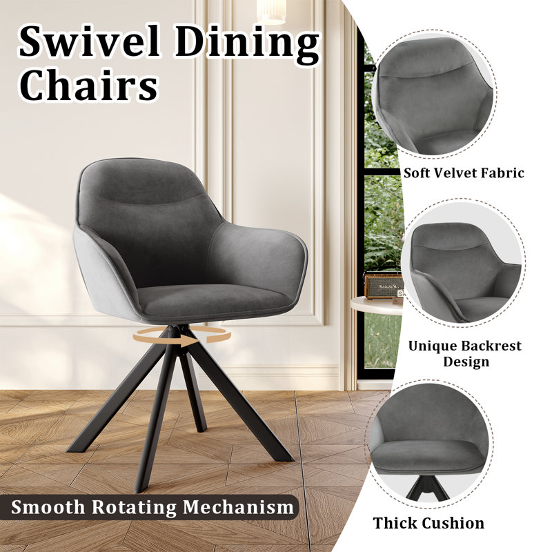 48.5cm H Swivel Upholstered Dining Chairs- Ergonomic Back, Dark Grey Velvet