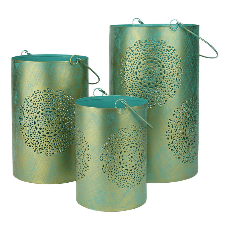 Decorative Floral Cut-Out Pillar Candle Lanterns 10", Turquoise Blue/Gold