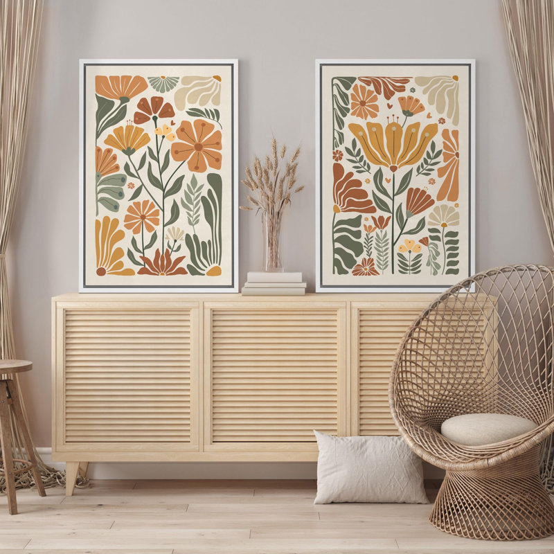 Plant Abstraction " Vintage Flower In Pastel Modern Art Wall Decor Artwork Nordic Nature " 2 - Pieces, 24" H x 16" W, White