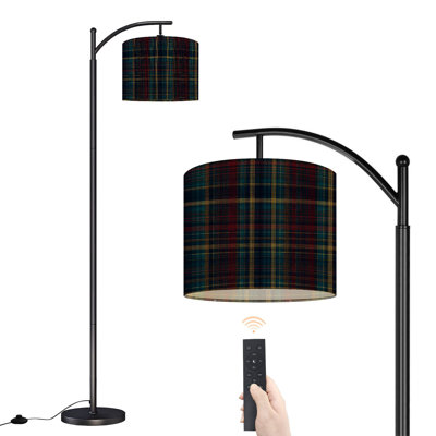 Arc Floor Lamp with Adjustable Lampshade Dark Blue Red Plaid Yellow Accents Standing Lamp 3 Color Temperatures Dimmable Tall Pole Lamp with Foot Switch for Bedroom