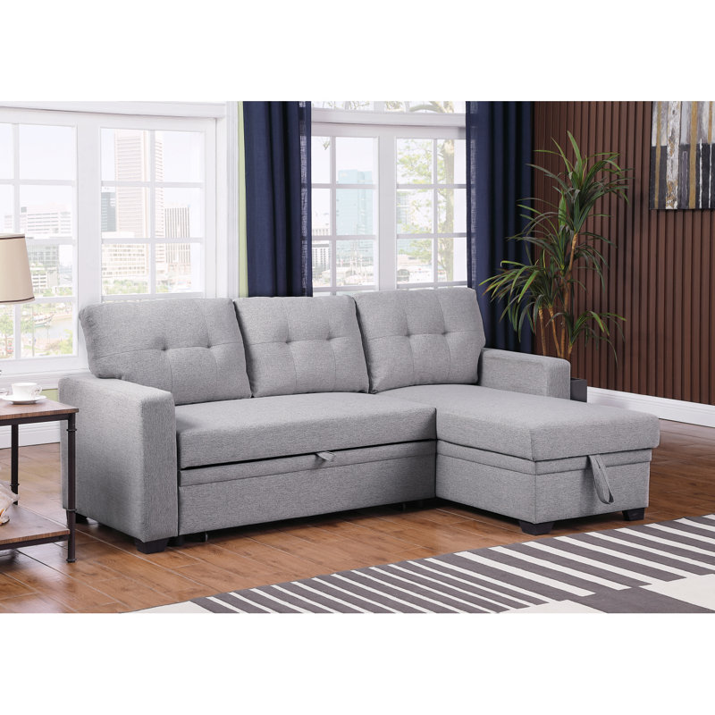 Upholstered Pull Out Sectional Sofa With Chaise, Light Gray