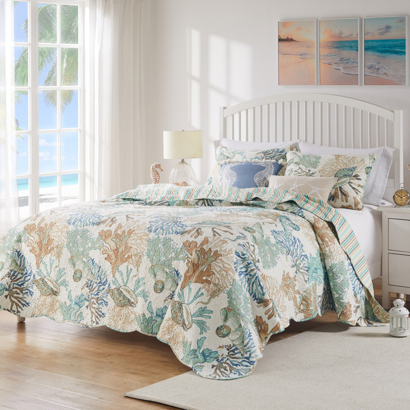 King Size Reversible Nautical Microfiber Quilt Set in Brown and Jade