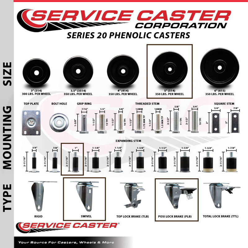 Phenolic Swivel 1 Inch Expanding Stem Caster Set with Brake SCC