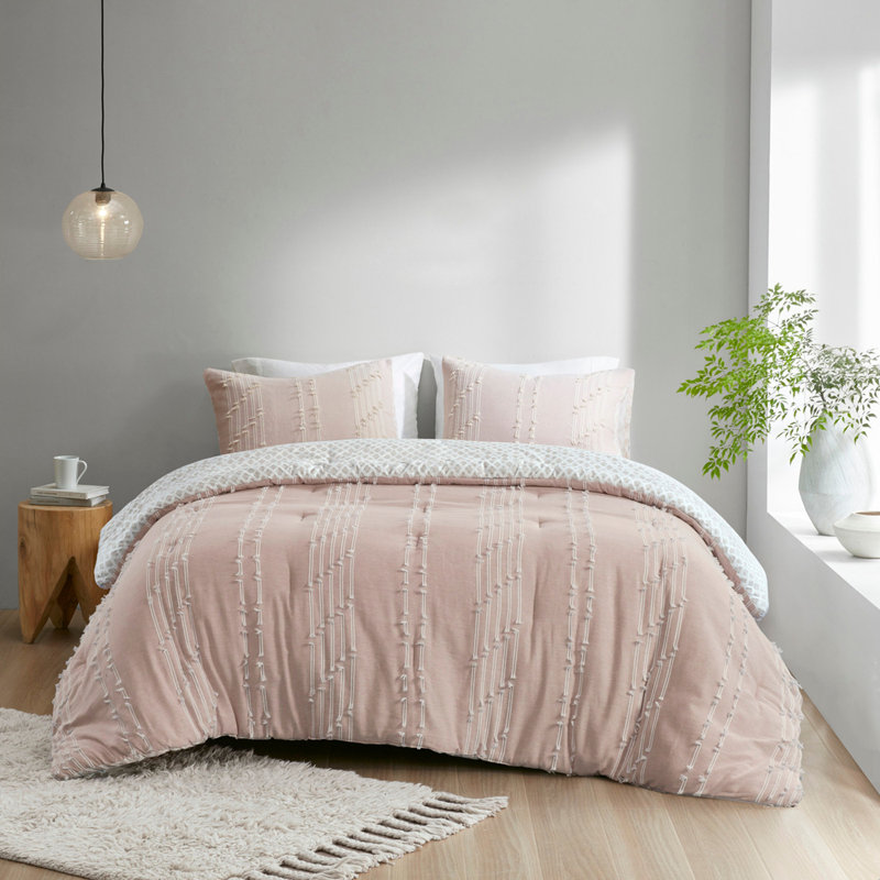 Ensemble d'édredon en jacquard de coton 3 pièces rosé, Très grand édredon