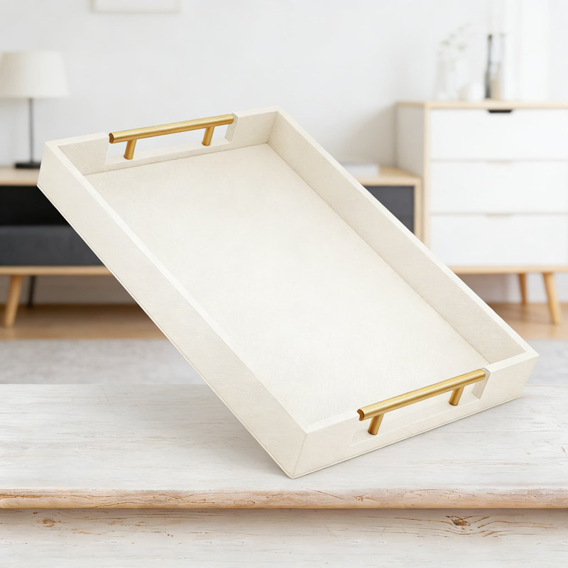 Large Rectangular Serving Tray With Gold Metal Handles, Decorative Ottoman Tray For Coffee Table, Vanity, And Home Decor