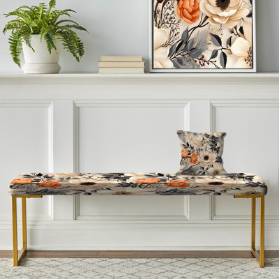 Winter White Cottage Botanical Garden - Floral Upholstered Gold Bench