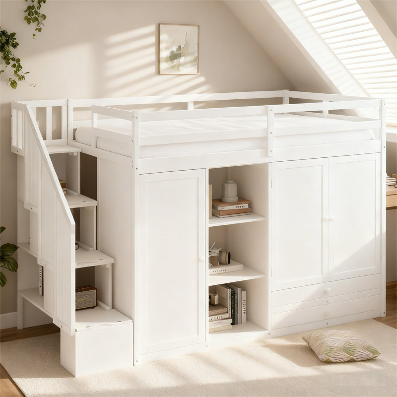 Solid Wood Loft Bed with Premium Built-In Storage & Multi-Function Design, White