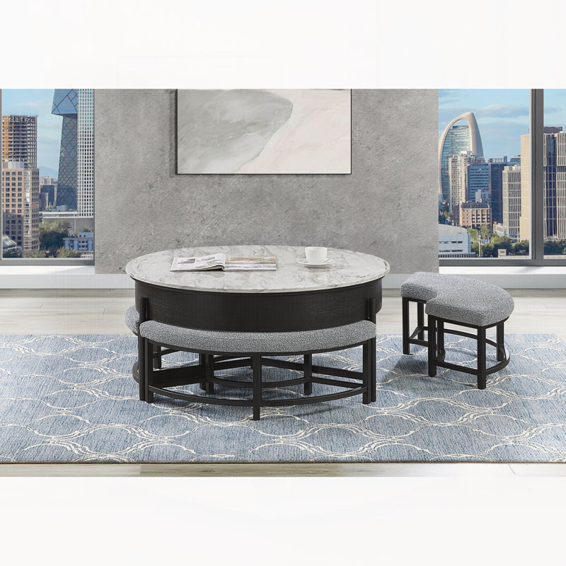 TABLE RONDE RANGÉE AVEC 3 TABOURETS INCLUS, Faux marbre / noir