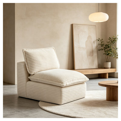 Fauteuil modulaire sans accoudoirs, comprimé sous vide, en velours côtelé rayé, siège unique avec mousse haute densité, blanc