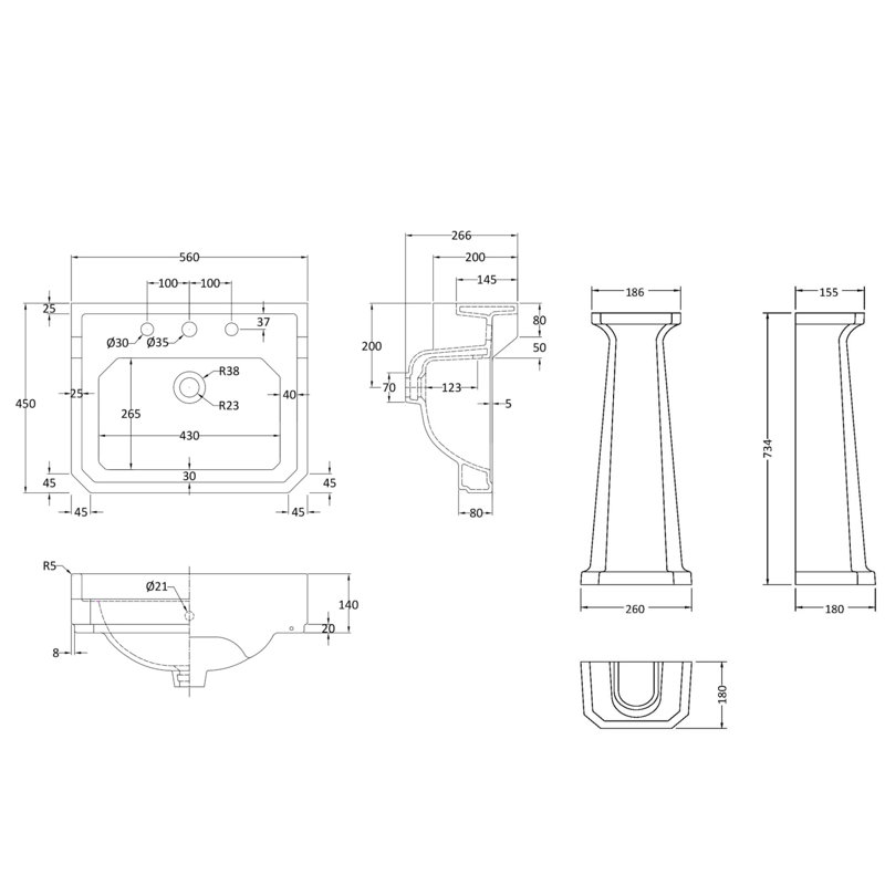 Nuie Richmond 560mm L x 450mm W White Vitreous China Rectangular Sink with Overflow, 3, 93.6" H x 560" W x 450" D