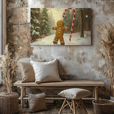 Canvas Wall Art Whimsical Gingerbread Man Candy Cane Walk In Snowy Forest Ready To Hang Gallery Wrapped Home Decor Modern Design Decor