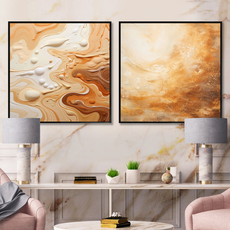 Abstrait Mirage Macchiato - Ensemble de 2 collages carrés à formes abstraites, Cadre flottant noir, H 36 po x l 73 po