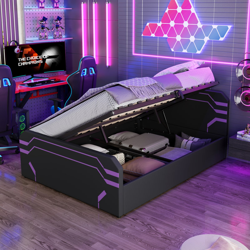Lit de jeu rembourré avec rangement hydraulique à levage latéral, style Cyberpunk pour les joueurs et la génération Z