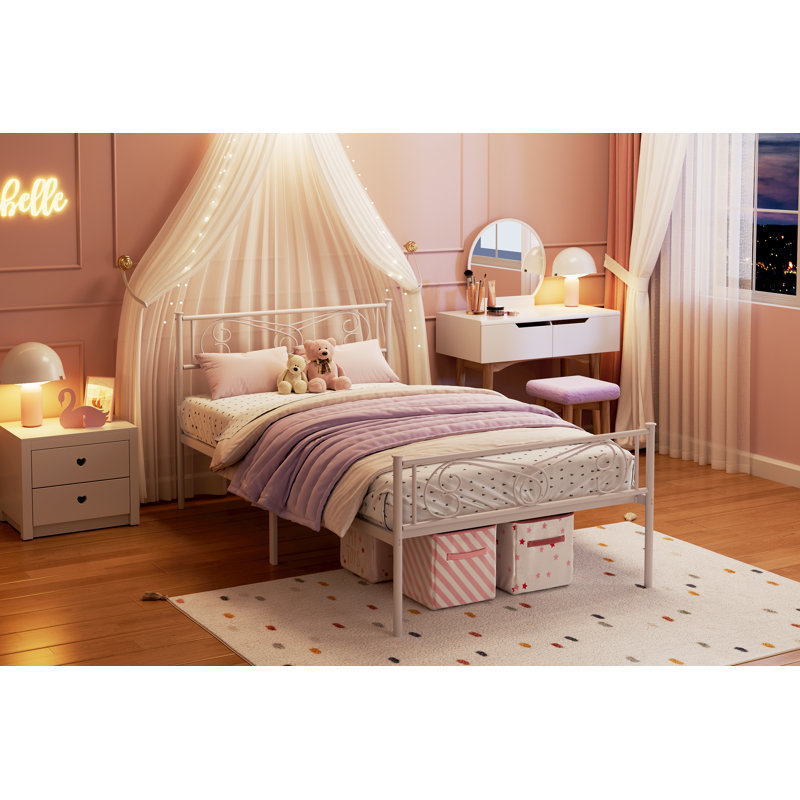 Twin Size Bed Frame with Headboard and Footboard, Bed Mattress Foundation with Storage No Box Spring Needed Noise Free Easy Assembly, White