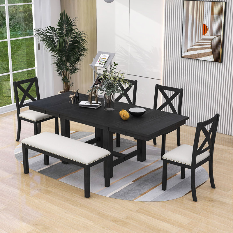 Stanely 6-Piece Extendable Dining Table with Footrest, 4 Linen Upholstered Dining Chairs and Bench, Black