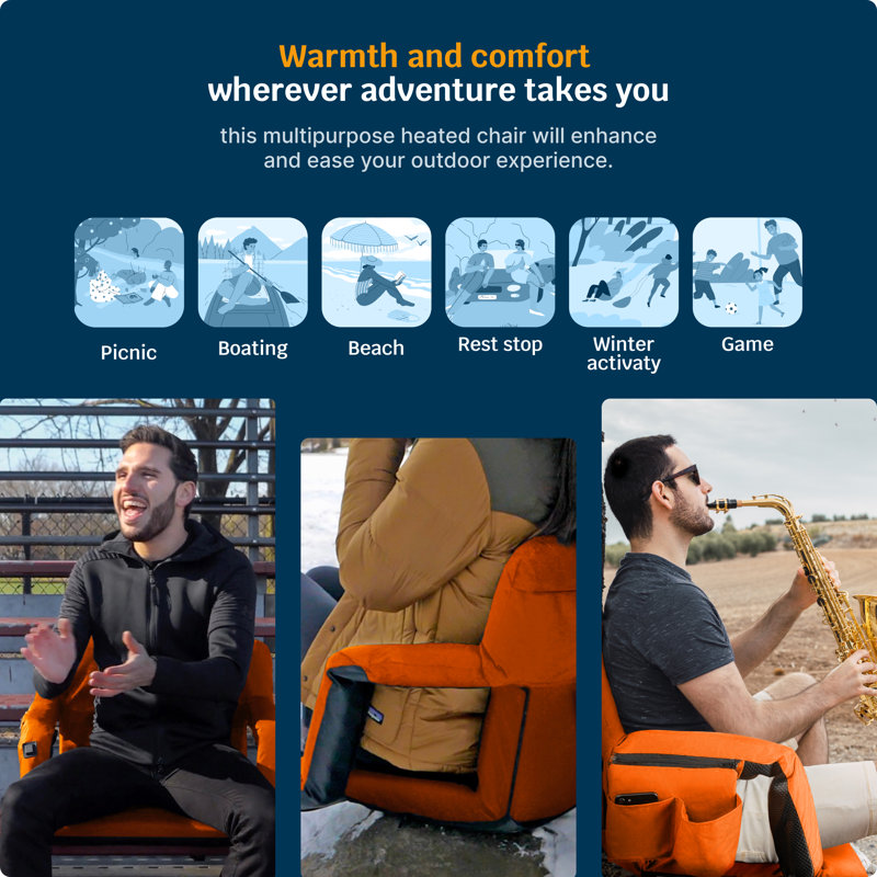 Extra Wide Heated Reclining Stadium Seat - Waterproof Foldable Chair, Thick Padding & Back Support, Orange