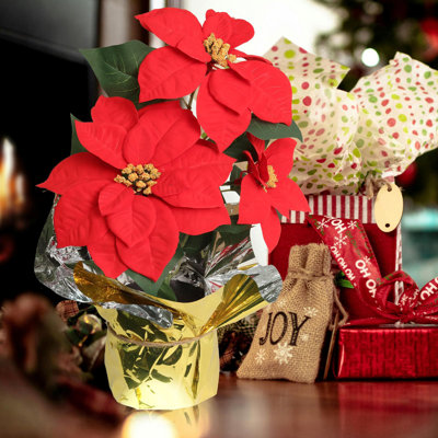 9.5" Diameter Artificial Red Poinsettia Bush With 3 Red Flowers In Pot – 2 Pieces, Lifelike Silk Flowers For Holiday Decor, Perfect For Wreaths, Centerpieces, And Christmas Arrangements