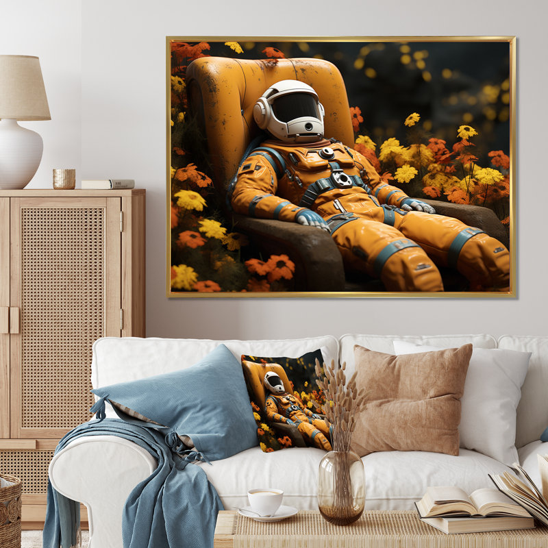 " Man In Astronaut Suit ", 16" H x 32" W x 1" D, Black Floater Framed