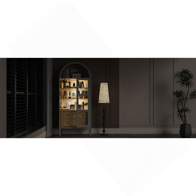 Armoire arquée avec portes en verre, tablette réglable en hauteur et 2 tiroirs, Chêne blanc