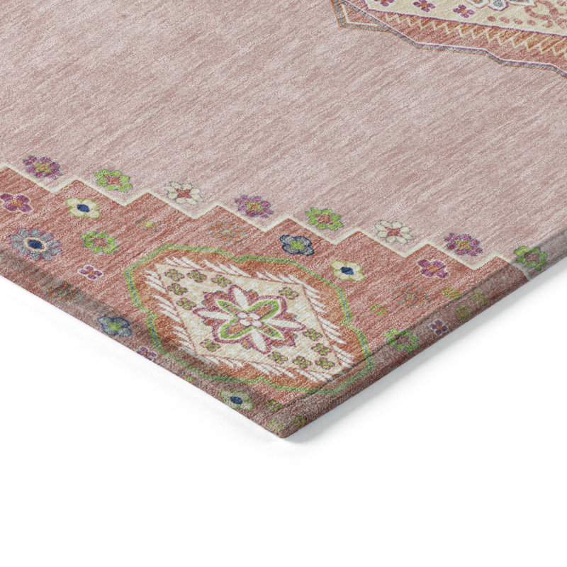 Tapis d'intérieur lavable oriental rose, vert et ivoire 5 pi x 8 pi