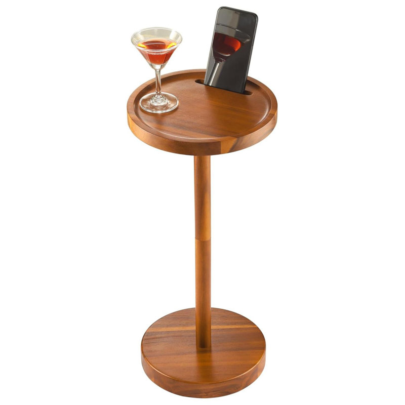 Table d'appoint à piédestal, table à boissons avec base lestée en acacia, petite table d'appoint ronde pour petits espaces avec support pour téléphone, table de bout à piédestal pour martini et cocktail, mini table à piédestal
