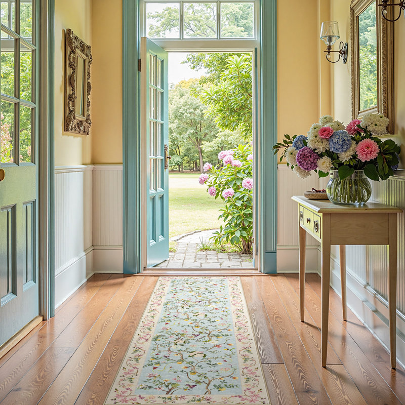Chinoiserie Vintage Floral Rug Washable Non-slip, Runner 2' x 5', Blue/Pink