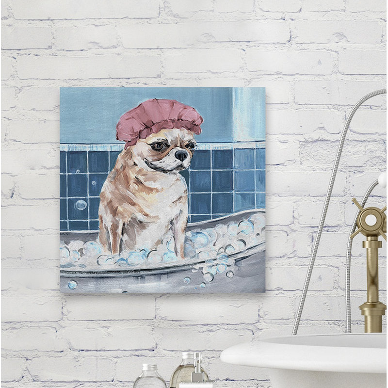 Dog In Shower Cap - Wrapped Canvas Painting, 45cm H x 45cm W 