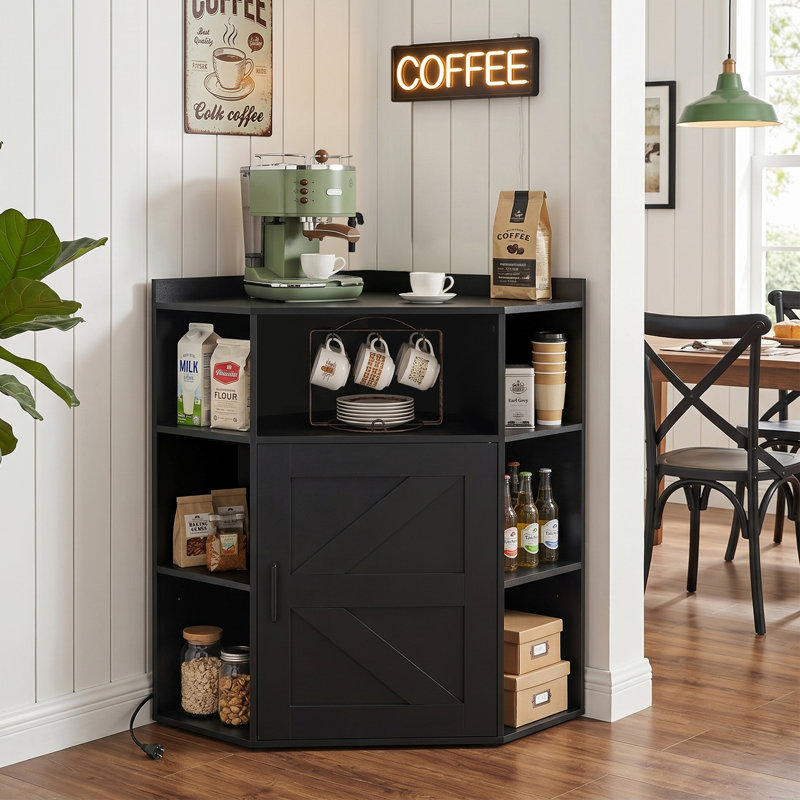 Corner Cabinet With Charging Station, Modern Home Office Storage Cabinet With 2 Outlets And 2 USB Ports, Triangle Bookshelf And Printer Stand With Barn Door For Small Spaces