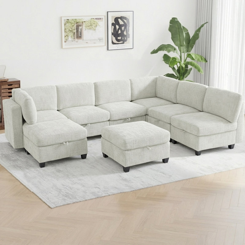 128" Oversized Modular 8-Seater Sectional Sofa with Storage & Removable Covers, Convertible U-Shape, L-Shape & Sleeper Configuration, Modern Couch with Movable Ottoman