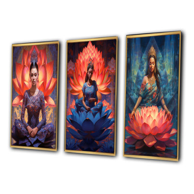 «Purple Red Yoga Lotus Woman», 3 pièces sur toile
