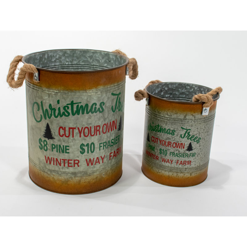 Christmas Trees "Cut Your Own" Rustic Metal Buckets - Set of 2 (7.2" / 10.2 5" Dia. - Multi)
