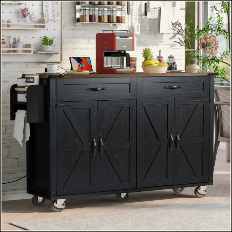 53.5''Farmhouse Kitchen Island With Power Outlet, Kitchen Storage Island With Drop Leaf, Spice Rack And Drawer, Rolling Kitchen Cart On Wheels, For Home, Kitchen And Dining Room
