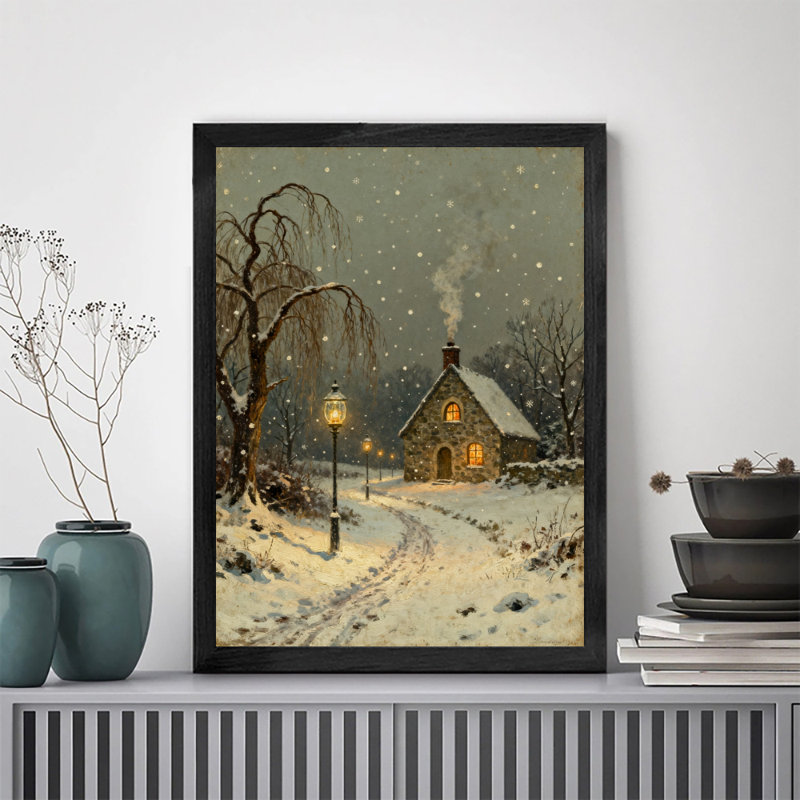 Aquarelle encadrée noire, village de Noël avec arbres enneigés, impressions de style rétro, H 11 po x l 9 po