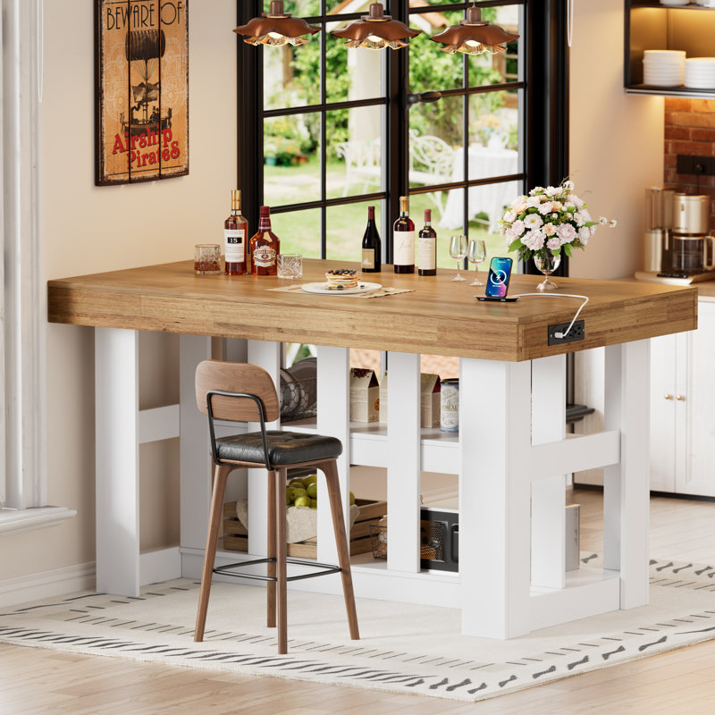 55" Kitchen Island With Power Outlets, Extra Large Work Surface, 3-tier Farmhouse Wooden Stationary Island Table With Storage Shelf For Kitchen Dining Room