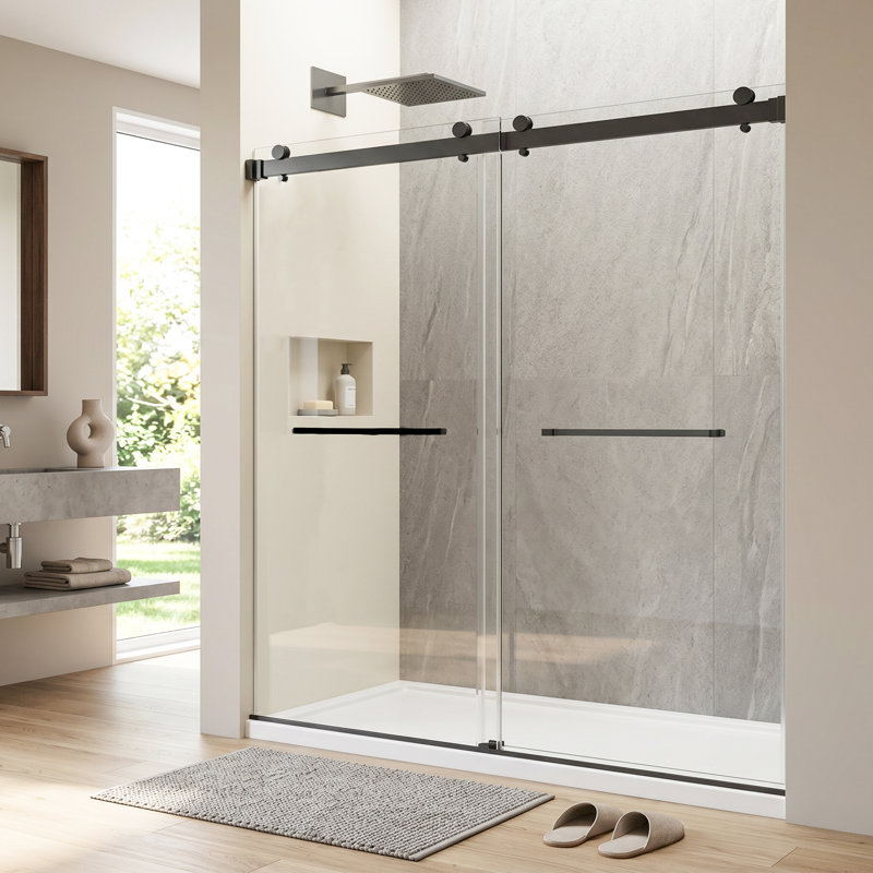 Porte de douche coulissante réglable sans cadre avec porte-serviettes, l 68 à 72 po x H 76 po, Noir mat