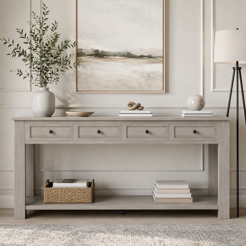 Console 63 pouces avec quatre tiroirs et tablette inférieure, Gray Wash